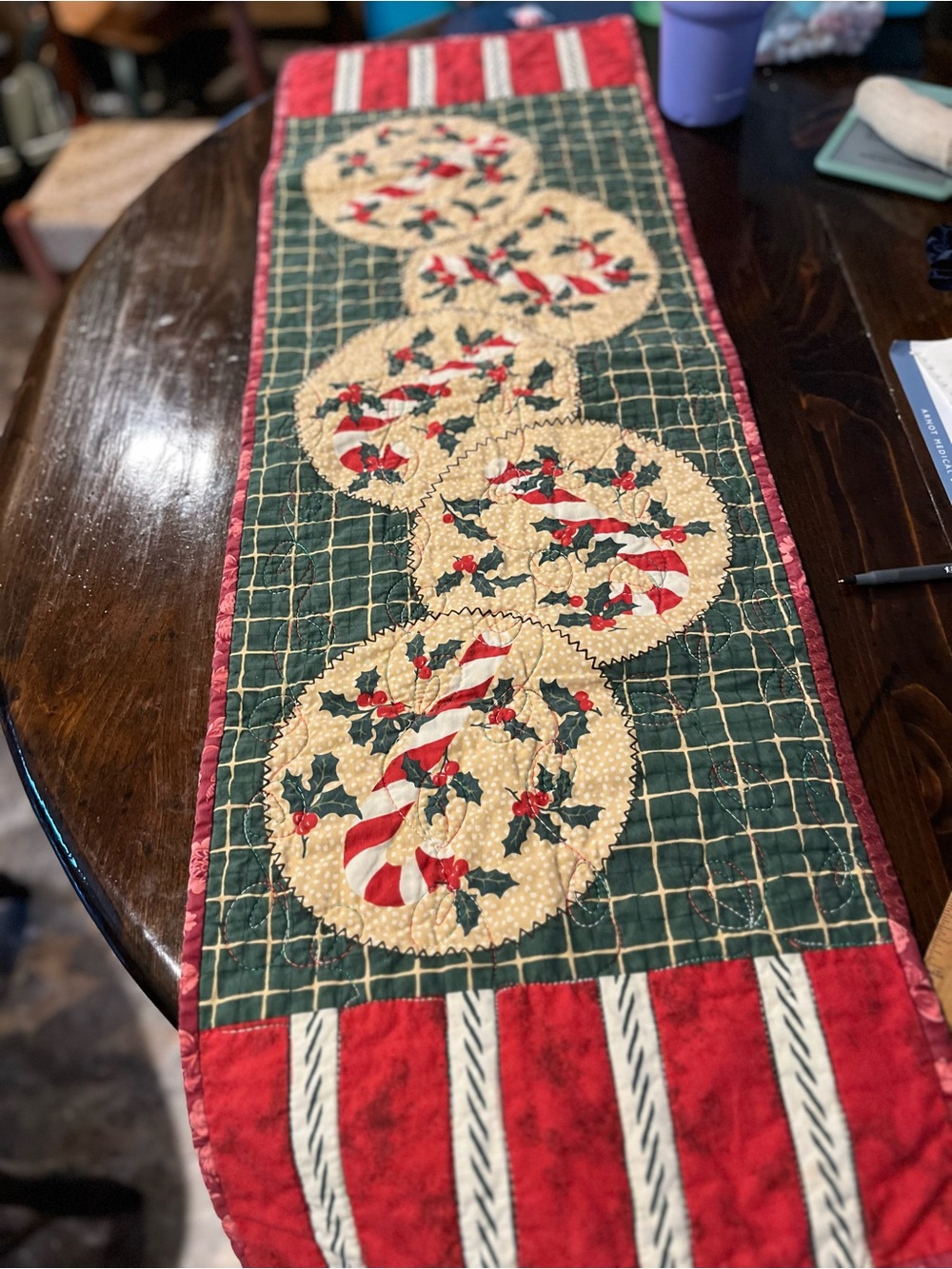 Festive Candy Cane Quilted Table Runner - Red & Green